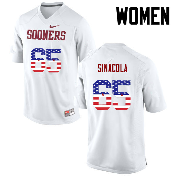 Women Oklahoma Sooners #65 Mario Sinacola College Football USA Flag Fashion Jerseys-White